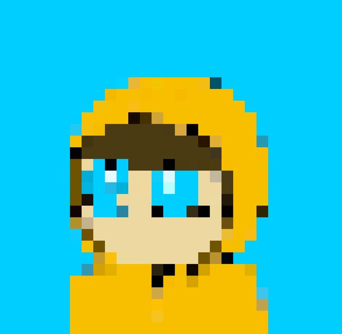 A pixel art illustration of a chibi-style character with blonde hair, blue eyes, and a yellow outfit set against a bright blue background.