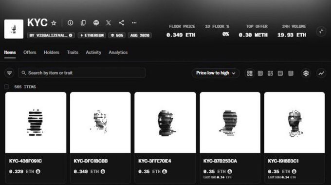 The image shows an NFT marketplace listing for the "KYC" collection by visualizeai on Ethereum, featuring 565 items with a floor price of 0.349 ETH and a top offer of 0.30 METH. Displayed items show glitchy silhouette portraits priced around 0.329-0.35 ETH, relating to the post's inquiry about minting the KYC collection.