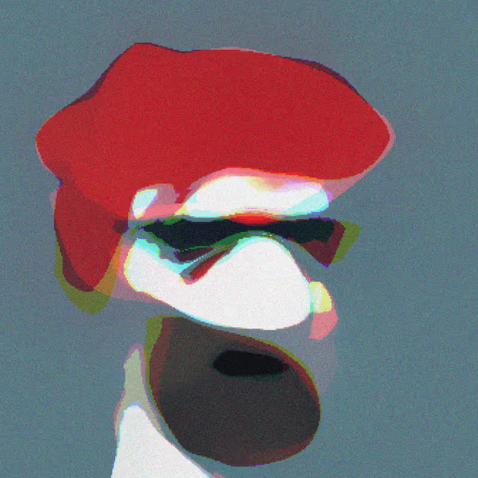 A distorted digital artwork depicts a stylized face with a red cap, dark sunglasses, and an open mouth against a muted blue-grey background.