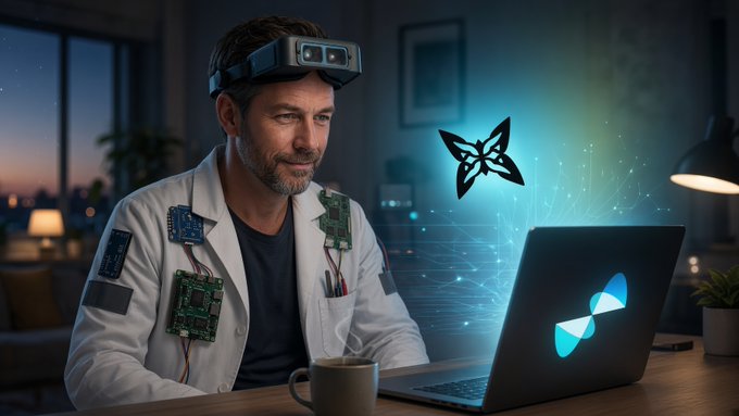 A man in a white lab coat with circuit boards attached, wearing a head-mounted device, looking at a laptop displaying a blue logo with a butterfly-like symbol floating above it.