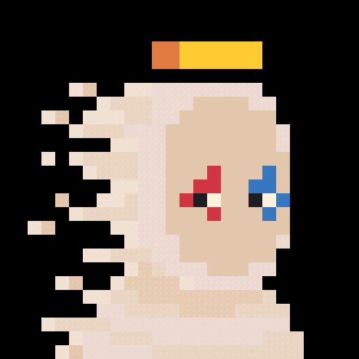 Pixel art illustration of a character with beige/cream coloring, red and blue eyes, and an orange and yellow rectangular shape on top, with disintegrating pixel particles on the left side against a black background.