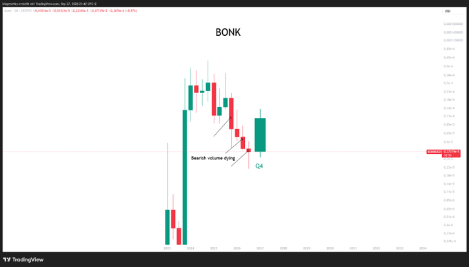 A TradingView monthly candlestick chart for BONK/USDT shows bearish price action labeled 'Bearish volume dying' and 'Q4', with the asset trading around 0.000002178.