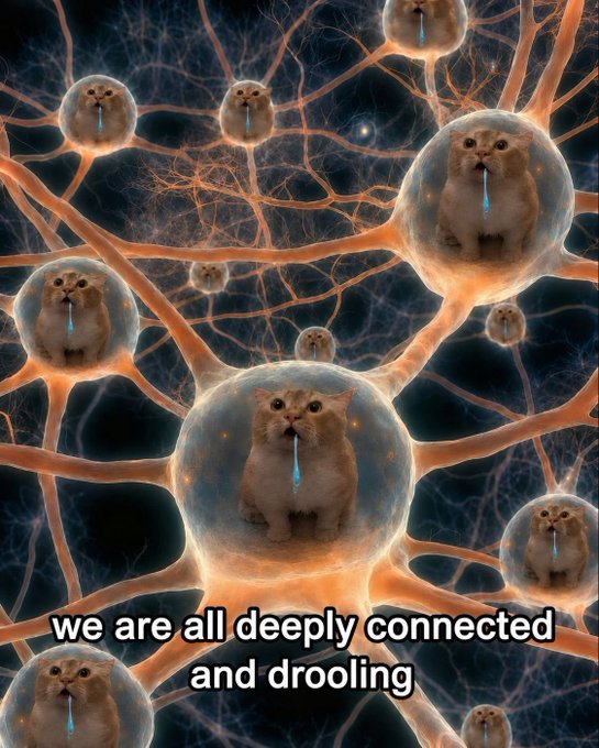 A humorous meme depicting cats drooling inside glowing orbs connected by neural-like tendrils, with the caption 'we are all deeply connected and drooling.'