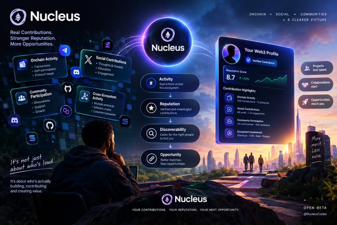 A promotional banner for 'Nucleus' highlighting features like Real Contributions, Onchain Activity, and Reputation, with the tagline 'YOUR CONTRIBUTIONS. YOUR REPUTATION. YOUR NEXT OPPORTUNITY.'