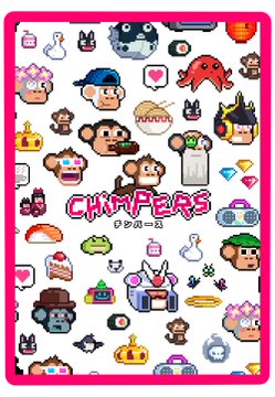 Pink-bordered poster featuring numerous pixel-art style icons of monkey characters, sushi, rabbits, and other objects under the title 'CHIMPERS' (with Japanese text 'チンパーズ').