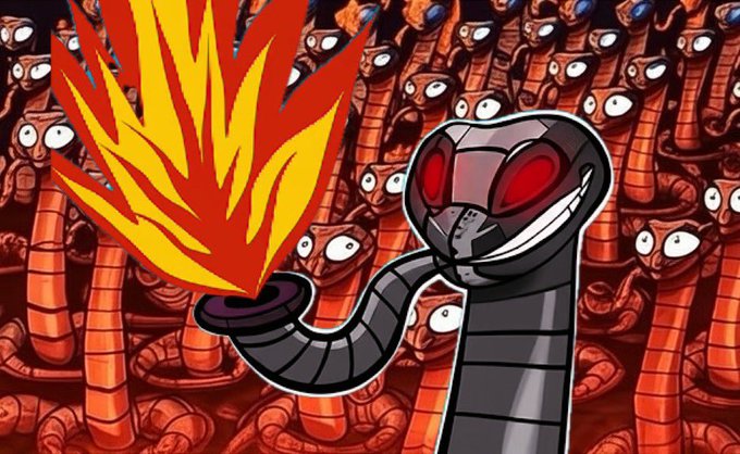 An illustration of a snake-like creature with a dark, metallic head and red eyes breathing orange and yellow fire, surrounded by a swarm of smaller, wide-eyed snake-like creatures.