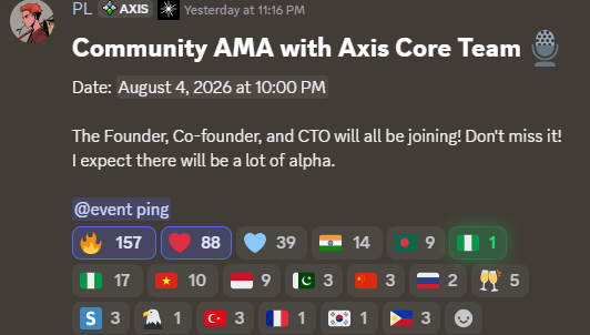 A Discord announcement for an 'AXIS' Community AMA scheduled for August 4, 2026 at 10:00 PM, featuring Founder, Co-founder, and CTO, with various emoji reactions shown below.