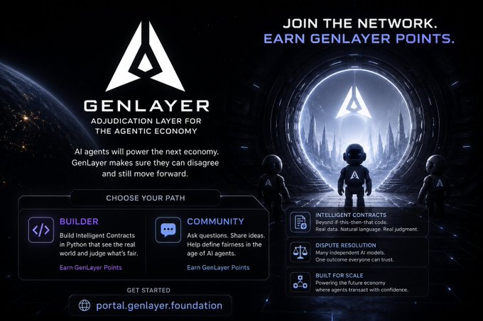 GenLayer advertisement titled 'Adjudication Layer for the Agentic Economy' with the tagline 'AI agents will power the next economy,' offering paths for Builders and Community to earn GenLayer Points at portal.genlayer.foundation.