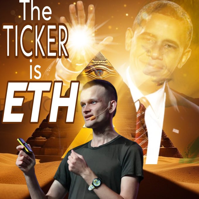 The image features a man standing next to an ancient pyramid, with his hand raised as if he's about to make a wish or offer a prayer. The background of the image includes a bright light shining down from above, which appears to be a star or a sunburst effect. The caption below the image reads "The Ticker isETH", suggesting that it might be related to Bitcoin or cryptocurrency.