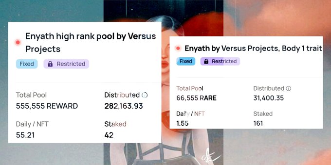 A screenshot showing two data panels: 'Enyath high rank pool by Versus Projects' with 555,555 REWARD total pool, and 'Enyath by Versus Projects, Body 1 trait' with 66,555 RARE total pool.