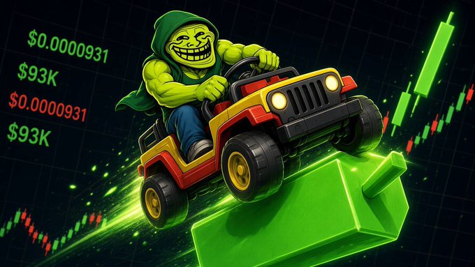 A cartoonish troll face wearing a green hoodie drives a red and yellow jeep up a rising green arrow, surrounded by stock chart graphics and the prices '$0.0000931' and '$93K'.