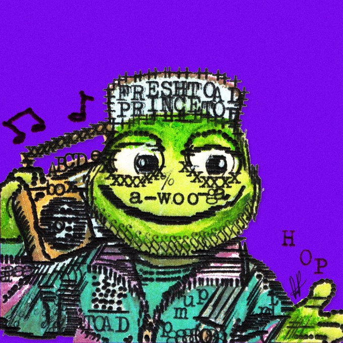 A stylized, collage-style illustration of a green-faced character wearing a "FRESH TO DEATH PRINCE TOAD" hat, holding a radio, with musical notes and the text "a-woo" and "HOP" on a purple background.