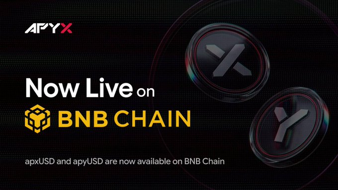 The image features a poster or banner that says "Now Live On BNB Chain" with two coins, one of which has an X symbol on it. The text below the coins reads "DeFi keeps expanding on BNB Chain. @apyx_fi is now live on BNB Chain with apxUSD and apyUSD, with liquidity available on @PancakeSwap." This suggests that there are currently two coins in a DeFi project called BNB Chain, which has been listed on the BNB Chain platform. The poster also mentions that ApxUSD and ApyUSD are now available for trading on this project.