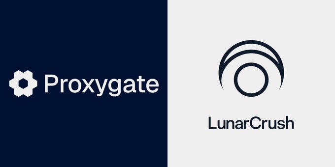 The image features a square graphic design with two different logos side by side, one for Proxygate and the other for LunarCrush. The Proxygate logo is blue and white, while the LunarCrush logo is black and white. Both logos are centered in the image, making them easily visible to viewers. The text "Congrats to the team at Proxygate" is written below each logo, indicating that the Proxygate team has achieved something noteworthy or accomplished a significant milestone. This post seems to be promoting the LunarCrush platform and its features, as it highlights the connection between the two companies in the social media space.