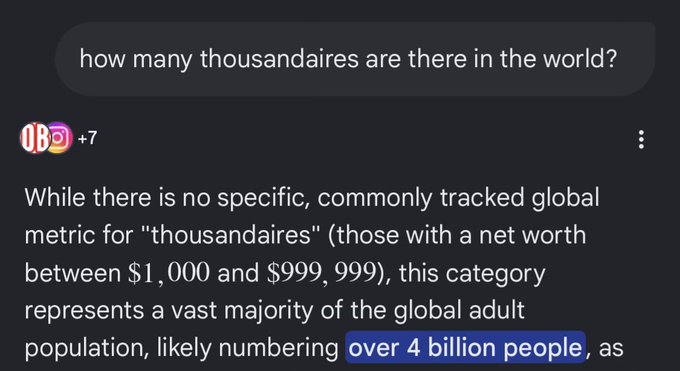 The image shows a post with a question about the number of people worldwide, asking "How many thousands of people are there in the world?". The answer provided is that there are not enough et hirums for every thousandaire to own even just one.