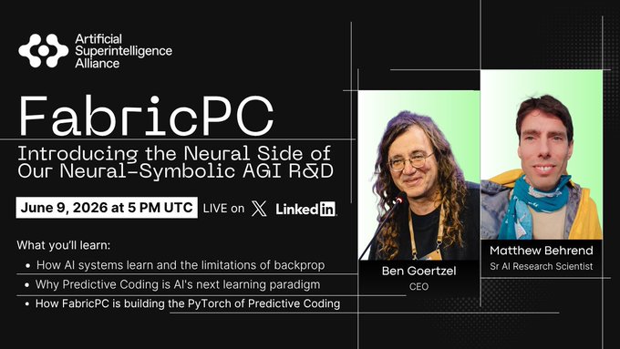 The image features a black background with white text that reads "FabricPC Introducing the Neural Side of Our Neural-Symbolic AI R&D". The text also includes the names of two people who are featured in the image, along with their contact information. The image is accompanied by a caption that provides additional details about the event and its participants.