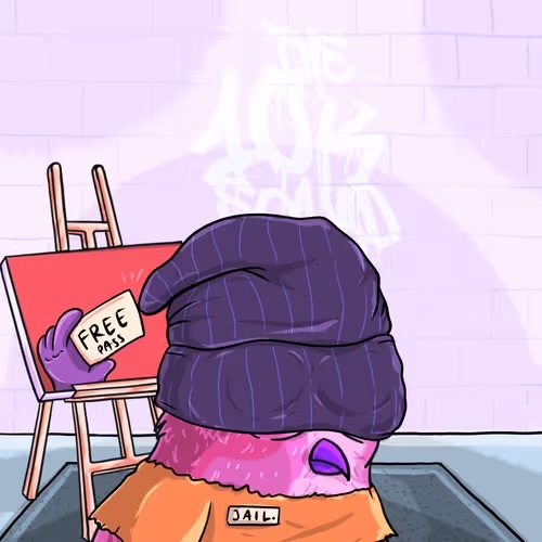 A character labeled "JAIL" attempts to paint a "FREE PASS" on an easel, symbolizing DrakeExchange holders seeking freedom and rewards through mainnet access and points boosts on the blockchain. The graffiti-tagged wall and cartoonish art style reflect the rebellious, community-driven spirit of the 10k Squad NFT collection.