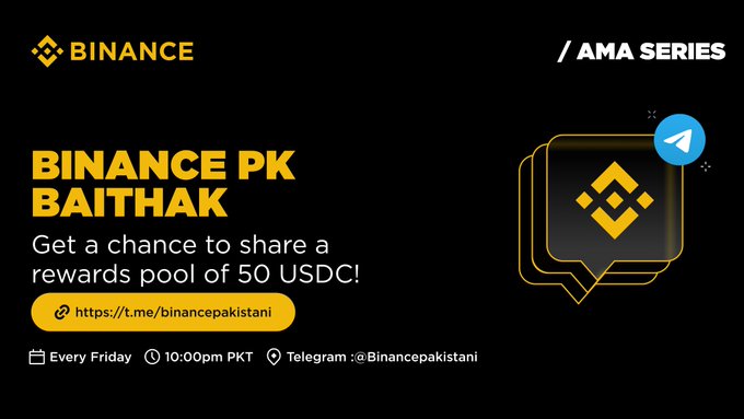 A Binance promotional graphic for 'BINANCE PK BAITHAK', advertising a 50 USDC rewards pool and an AMA Series held every Friday at 10:00pm PKT on Telegram.
