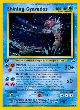 A holographic Neo Revelation Shining Gyarados Pokémon card (HP 100) is shown, featuring attacks Outrage and Devastate, with its iconic art of Gyarados rising from stormy seas—aligning with the post's sentiment that Neo sets are the poster's personal favorite.