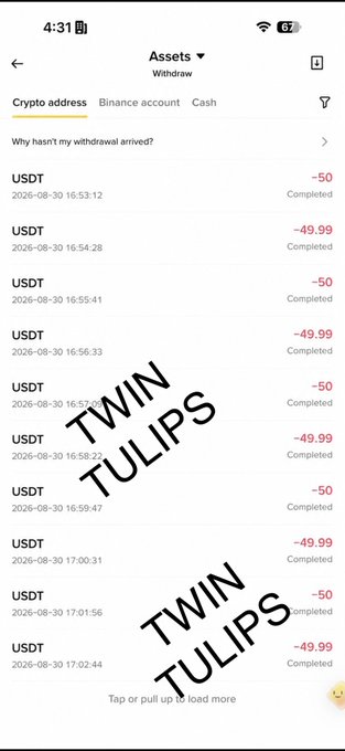 The image shows a Binance withdrawal history displaying multiple completed USDT transactions of $50 and $49.99 dated 2026-08-30, with "TWIN TULIPS" watermarked across the screen. The screenshot serves as proof of the previous day's $50 payouts, supporting the post's claim of sending $50 to 20 people yesterday while seeking new recipients' Binance UIDs or $SOL wallet addresses.