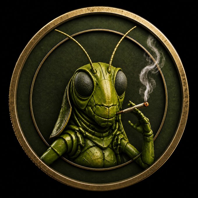 A stylized digital illustration of a green grasshopper or praying mantis-like insect smoking a lit cigarette, framed within a circular brass border against a dark background.