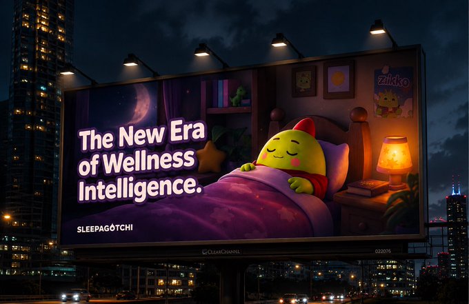 A billboard advertises "Sleepagotchi," featuring a cute character sleeping soundly and promoting "The New Era of Wellness Intelligence." This directly relates to the post's emphasis on sleep-to-earn and its focus on encouraging healthy sleep habits.
