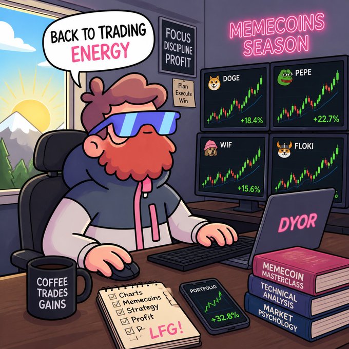 A cartoon trader with "BACK TO TRADING ENERGY" above him sits at a multi-screen setup during "MEMECOINS SEASON," monitoring green charts for DOGE (+18.4%), PEPE (+22.7%), WIF (+15.6%), and FLOKI, with a checklist, portfolio phone (+32.8%), and a "DYOR" laptop matching the post's call to jump back into meme trading.