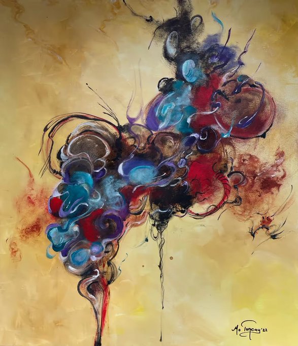 An abstract painting features swirling, interconnected blobs of blue, red, purple, and black against a warm yellow-ochre background, with the artist's signature "Mo Duncan '22" visible in the lower right—visually embodying the post's theme of "It's all about connections" through its flowing, linked forms.