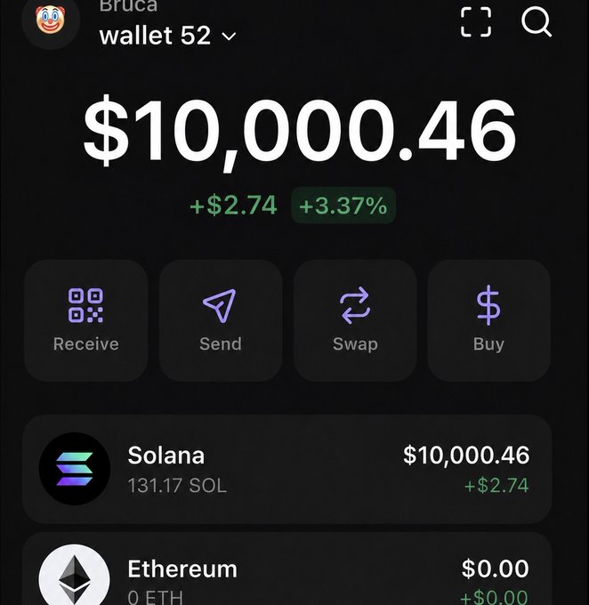 The image shows a crypto wallet displaying "wallet 52" with a balance of $10,000.46 (+3.37%), holding 131.17 SOL worth $10,000.46 and 0 ETH. The screenshot visually reinforces the post's claim of "$10,000 a month will be your new normal," showcasing a wallet that has already reached the $10,000 milestone.