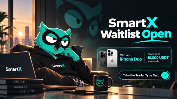 A promotional graphic for 'SmartX Waitlist Open' featuring a teal owl mascot in a hoodie, offering a chance to 'Win an iPhone Duo' and 'Share up to 10,000 USDT in rewards' with a 'Take the Trader Type Test' button.
