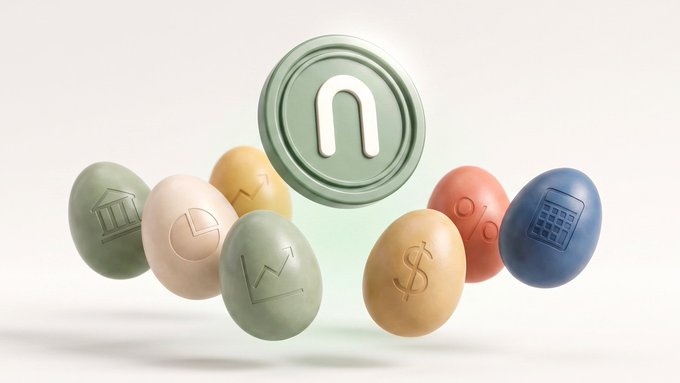 Colorful eggs embossed with finance-themed icons (bank, pie chart, upward chart, dollar sign, percent, and calculator) surround a glowing green token displaying the Nest "n" logo. The image creatively illustrates Nest vault's milestone of becoming a top-20 holder of xStocksFi's SPYx token on Solana, using the eggs as symbols of growth and the Nest emblem to highlight its growing presence among tokenized stock holders.