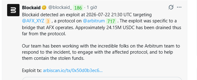 This Tweet from Blockaid states they detected an exploit on @AFX_XYZ, resulting in approximately 24.15M USDC being drained from their bridge on @arbitrum. The image shows the Tweet text confirming the exploit details.