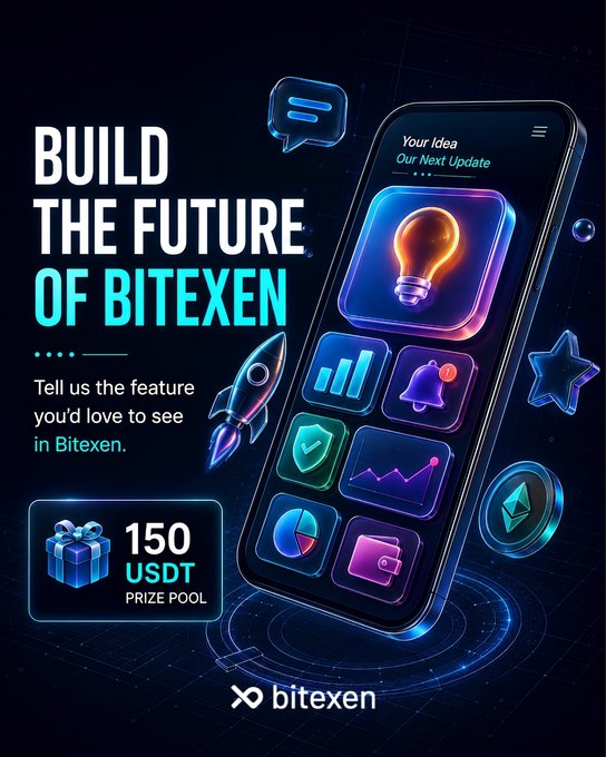 A promotional graphic for Bitexen cryptocurrency exchange featuring a smartphone displaying app icons and a lightbulb labeled "Your Idea / Our Next Update," with bold text reading "BUILD THE FUTURE OF BITEXEN" and highlighting a "150 USDT PRIZE POOL" for users who submit feature suggestions.