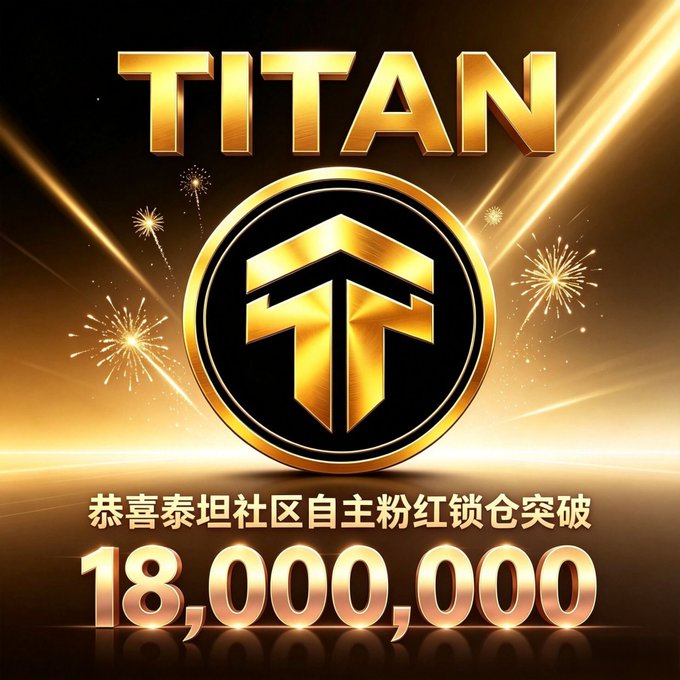 A celebratory graphic displaying the word 'TITAN' in gold letters above a golden coin-like emblem with a 'T' logo, with Chinese text congratulating on '18,000,000' and fireworks in the background.