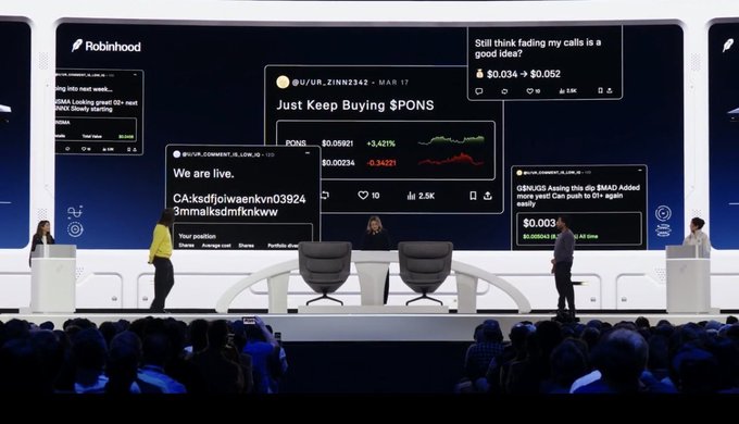A stage presentation displays multiple social media posts and crypto charts, including 'Just Keep Buying $PONS' with a Robinhood logo and a meme about an $8,400 card push to $61.