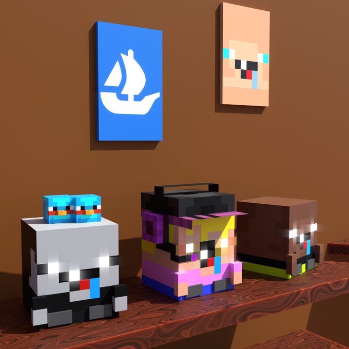 Minecraft-style voxel characters sit on a wooden shelf against a brown wall, with two pixel-art portraits hanging above, including one of a blue sailboat logo.