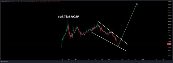 A TradingView chart of TOTAL3/USDT displays the crypto market cap currently at approximately $884 billion, with annotations highlighting "$19.78M MCAP" and a green arrow projecting a sharp rally out of a descending channel, visually reinforcing the post's bullish "green wave" thesis despite the author's offer to support the token at both $1M and $100M market caps.