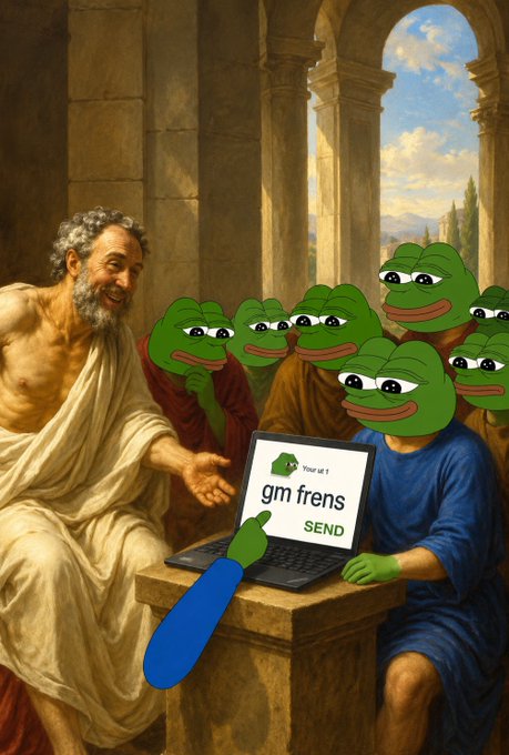 A classical painting in the style of Raphael shows a philosopher conversing with a group of Pepe the Frog characters, who are holding a laptop displaying 'gm frens' and a 'SEND' button.