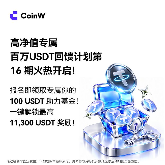 A CoinW cryptocurrency promotional advertisement in Chinese announces the '百万USDT回馈计划第16期火热开启!' (Million USDT Reward Program Phase 16), offering up to 11,300 USDT in rewards with imagery of USDT coins and a treasure chest.