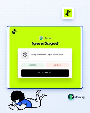A mobile app screen for "Cmovng" displays an "Agree or Disagree?" prediction about "Viking and Dinamo Zagreb both to score?" with a YES 67.61% / NO 32.39% split, accompanied by an illustration of a woman lying down.