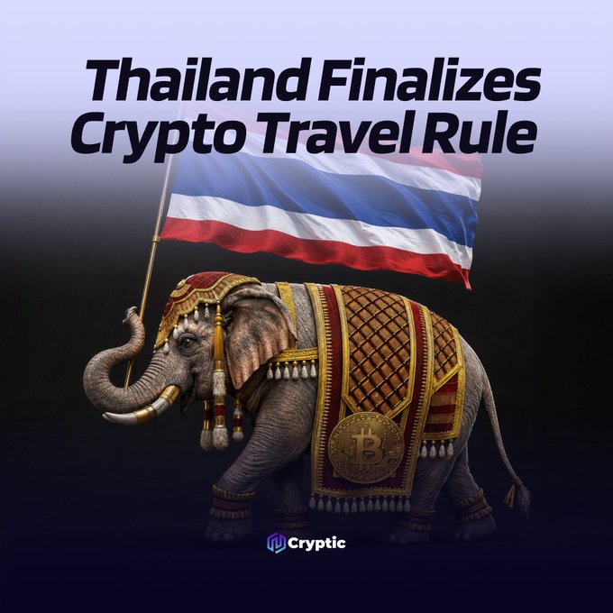 A Thai flag waves above a decorated ceremonial elephant against a dark background, with bold text reading "Thailand Finalizes Crypto Travel Rule" and the "Cryptic" logo in the corner—visually reinforcing the post about Thailand's SEC implementing new regulations requiring digital asset operators to collect transfer information and verify self-hosted wallet ownership, effective February 27, 2027.
