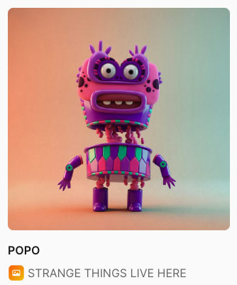A 3D-rendered purple cartoon character labeled "POPO" from "STRANGE THINGS LIVE HERE", featuring large eyes and a wide grin.