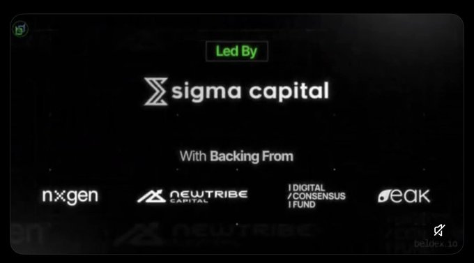 A dark presentation slide with the text 'Led By sigma capital' and 'With Backing From' logos for nxgen, NEWTRIBE CAPITAL, DIGITAL/CONSENSUS FUND, and Peak, with a small 'bitget' logo in the corner.