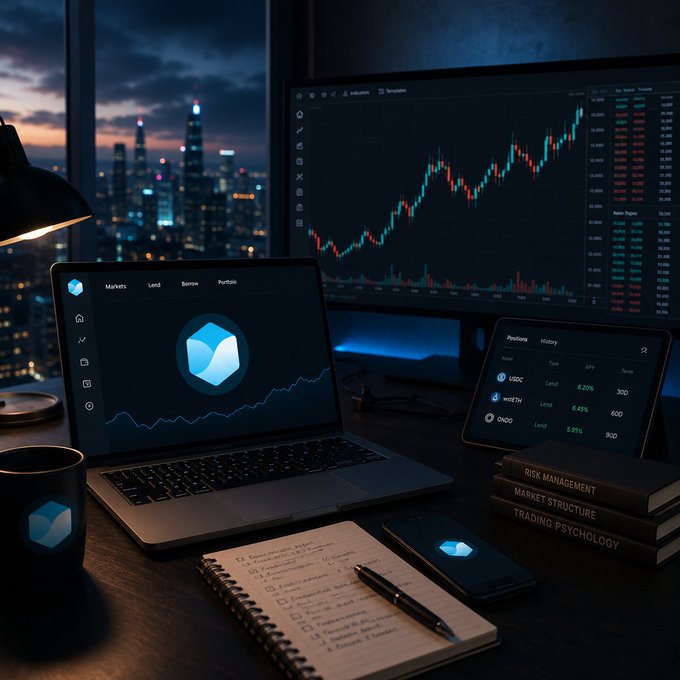 A digital image of a trading desk setup at night with a city skyline in the background, featuring a laptop and smartphone displaying crypto trading interfaces, a monitor showing a candlestick chart, a notebook with a pen, and books titled 'RISK MANAGEMENT', 'MARKET STRUCTURE', and 'TRADING PSYCHOLOGY'.