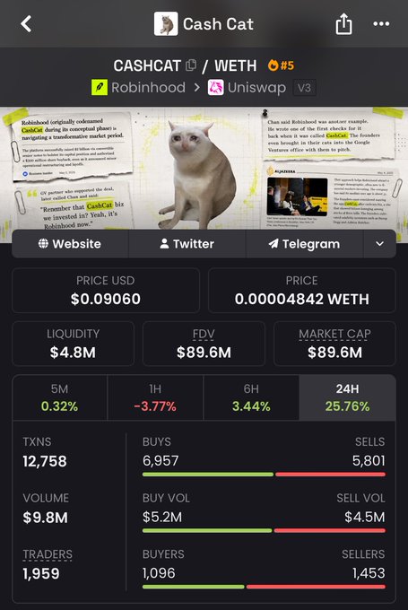 The image shows a CoinGecko-style price tracker page for the memecoin CashCat (CASHCAT/WETH) displaying a $0.09060 price, $89.6M market cap, and 25.76% 24-hour gain, with a cat illustration flanked by news clippings about "RobinHood." The post highlights that CASHCAT has reached an $89 million market cap and suggests "RobinHood whales" are planning to push it toward a $1B valuation.