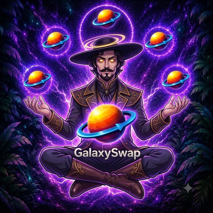 A mystic figure meditates in lotus position with glowing orange planets orbiting him, with "GalaxySwap" text overlaid at the bottom—visually evoking the cosmic, decentralized exchange branding promoted in the post about GalaxySwap Labs, the first DEX on Midnight Network.