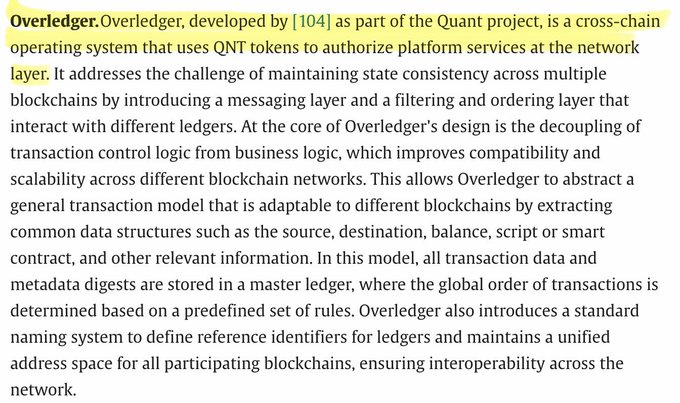 A highlighted paragraph about Overledger, a cross-chain operating system developed as part of the Quant project that uses QNT tokens to authorize platform services at the network layer.