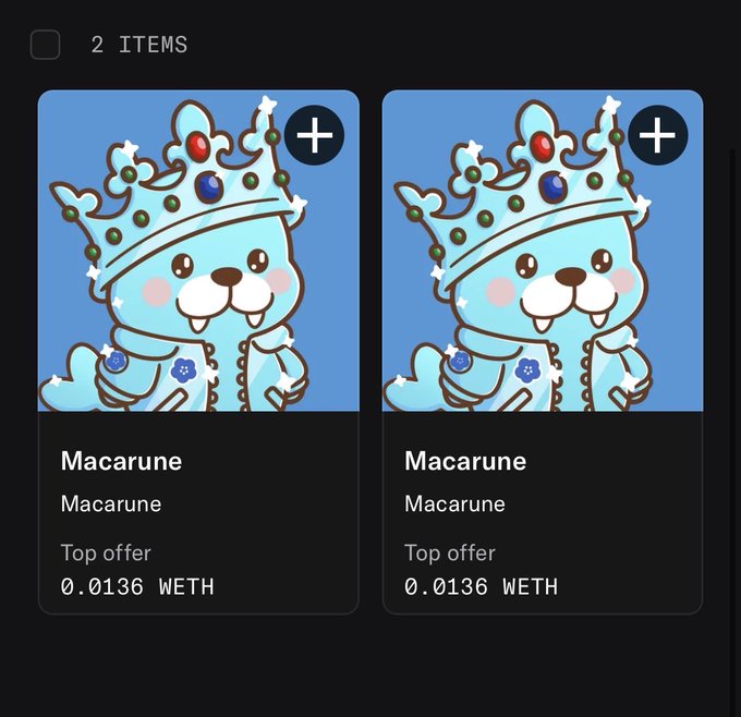 A digital interface shows two identical 'Macarune' NFT items, each priced at '0.0136 WETH' as the 'Top offer', featuring a cartoon dog wearing a blue crown.