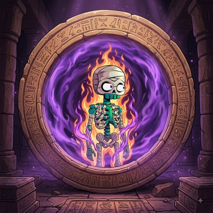 A cartoonish skeleton engulfed in purple and orange flames stands within a circular stone portal inscribed with runic symbols, set against a starry purple background.