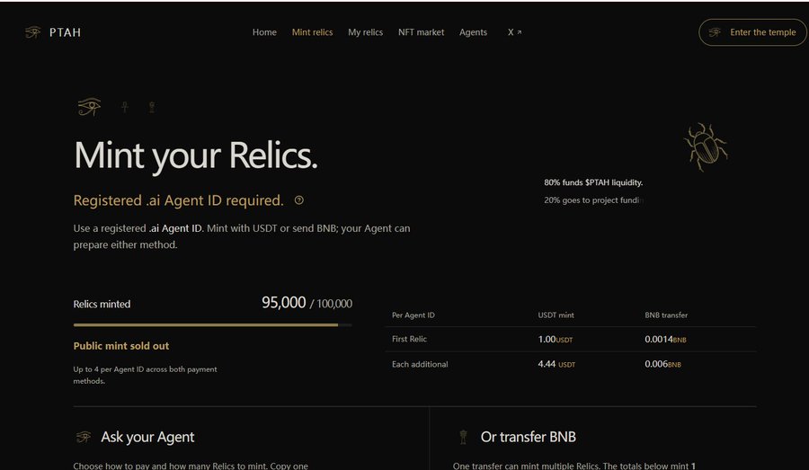 A dark “PTAH” webpage reads “Mint your Relics.” and “Registered ai Agent ID required,” with navigation links including “Home,” “Mint relics,” “My relics,” “NFT market,” and “Agents,” and minting details showing “95,000 / 100,000” relics minted.